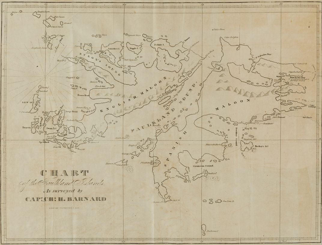 A map of the Falkland Islands, published in an 1829 book by Charles H. Barnard