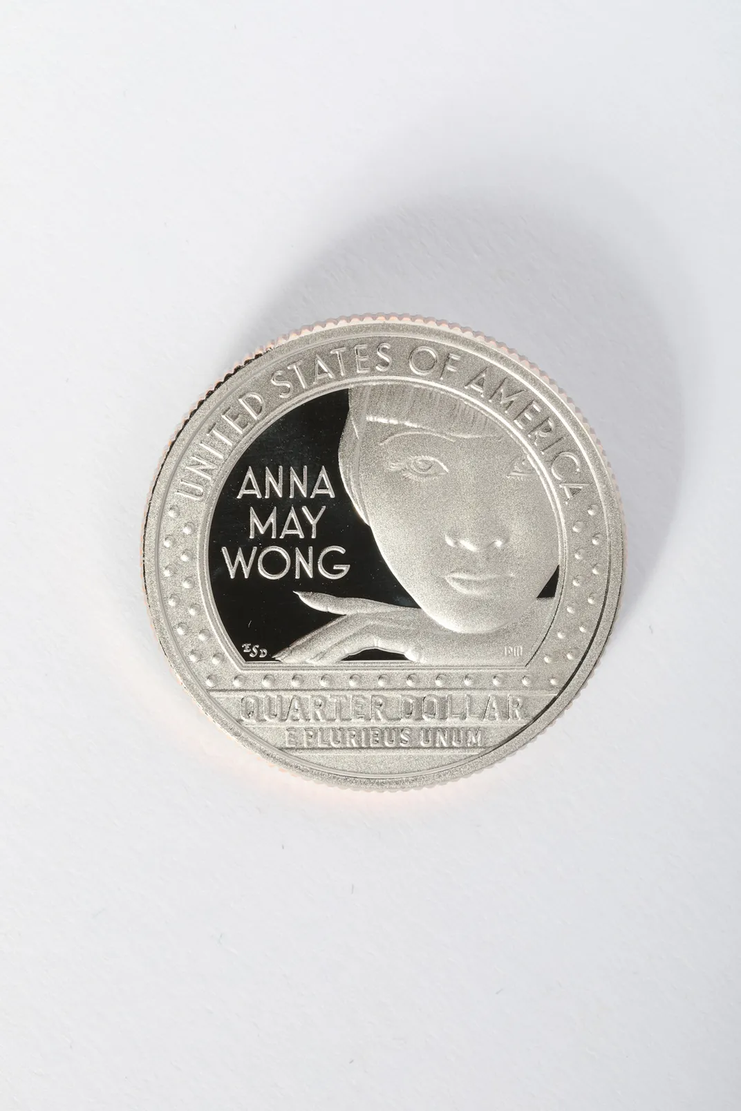 Reverse side of a quarter featuring Anna May Wong’s name and likeness