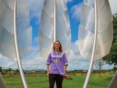 Austin West visits Kindred Spirits, a monument to the Choctaw in County Cork. The 20-foot-high steel feathers symbolize those used in Choctaw ceremonies.