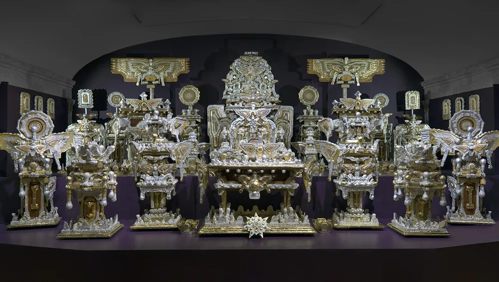 Large-scale installation, "The Throne of the Third Heaven," made of many silver and gold component parts.
