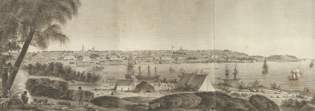 VIew of the port of Sydney (Port Jackson Harbor, Australia) and the mouth of the Parramatta River in 1811